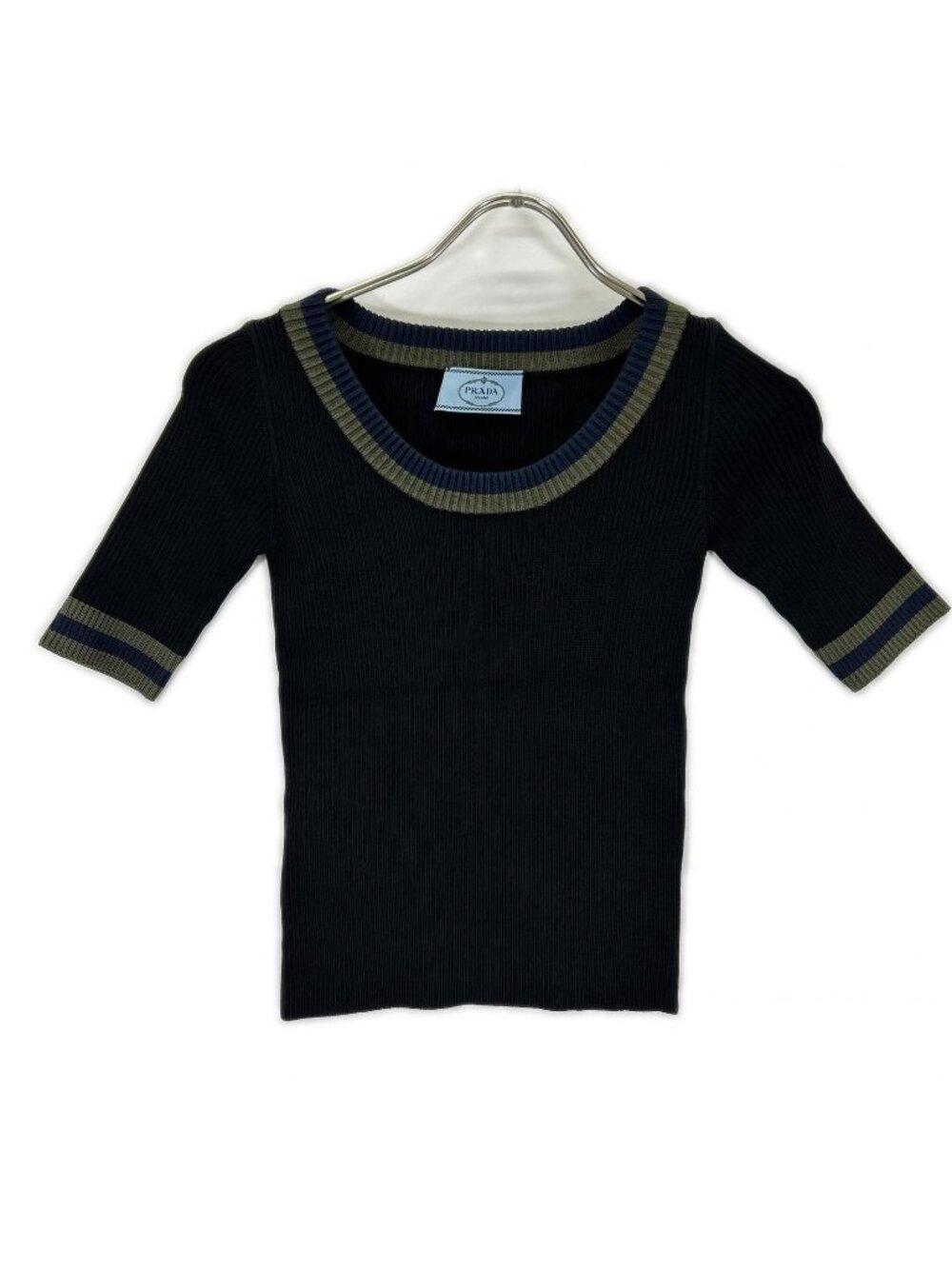 Prada Black Green Navy Line Rib Knit Sweater 38